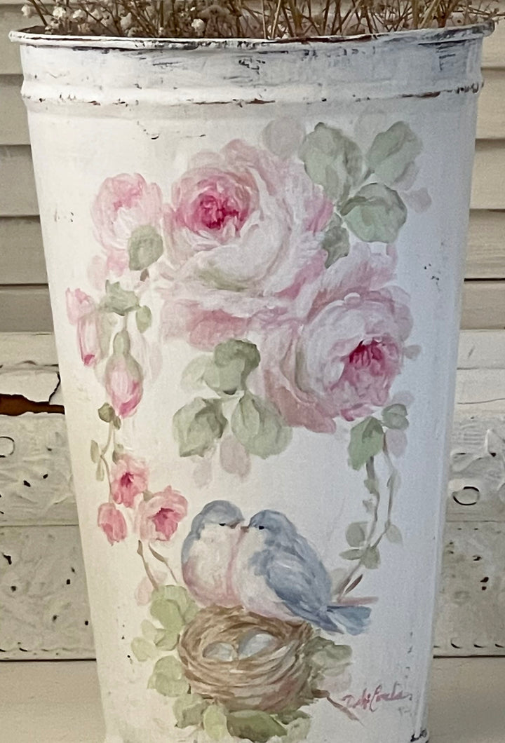 Shabby Chic Antique Floral Bucket With Bluebirds Nest and Roses Pink Roses Original by Debi Coules