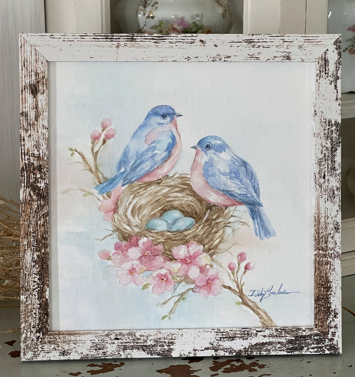 Bluebirds Nest Cherry Blossoms Original Watercolor Framed Painting by Debi Coules