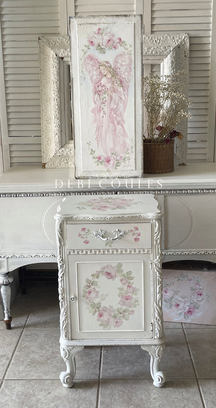 Shabby Chic Antique Large Wooden Panel Angel With Roses Hand Painted by Debi Coules