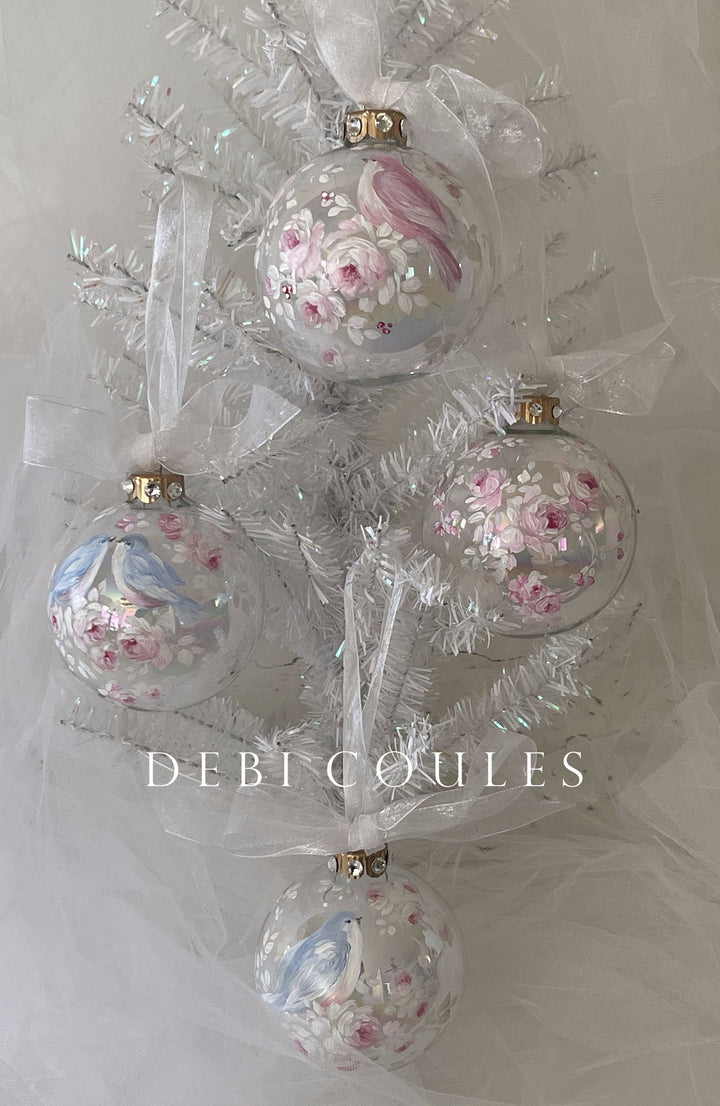 Shabby Chic Pink Roses Large Glass Globe Ornament Swarovski Crystal Rhinestones Original Debi Coules