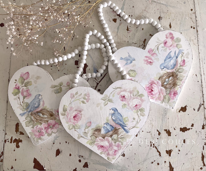 Shabby Chic Bluebird with Wild Roses Nest and Eggs Heart Hand-Painted Wood - A Perfect Mother's Day Gift by Debi Coules