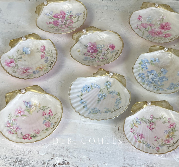 Shabby Chic Hand Painted Shell with Blue Forget-Me-Not Heart and Gold Accents – by Debi Coules