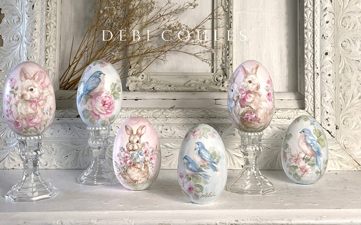 Debi Coules Hand-Painted Easter Egg with Stand – Two Bunnies with Pink Roses, Shabby Chi