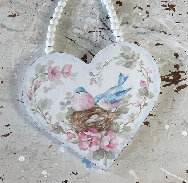 Debi Coules Hand Painted Bluebirds with Nest and Roses Wooden Heart – Shabby Chic Vintage Style