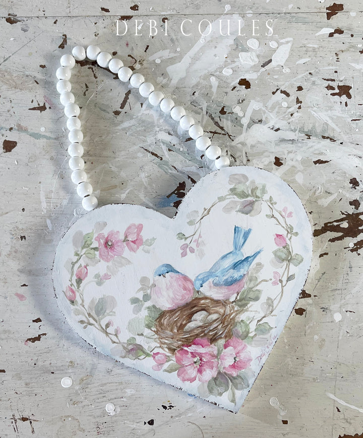 Debi Coules Hand Painted Bluebirds with Nest and Roses Wooden Heart – Shabby Chic Vintage Style