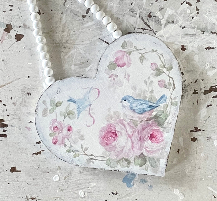 Debi Coules Hand Painted Bluebird and Roses Wooden Heart – Shabby Chic Vintage Charm