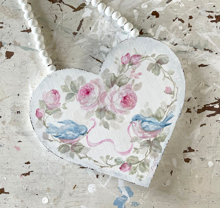 Debi Coules Hand Painted Bluebirds with Roses and Ribbon Wooden Heart – Shabby Chic Collectible
