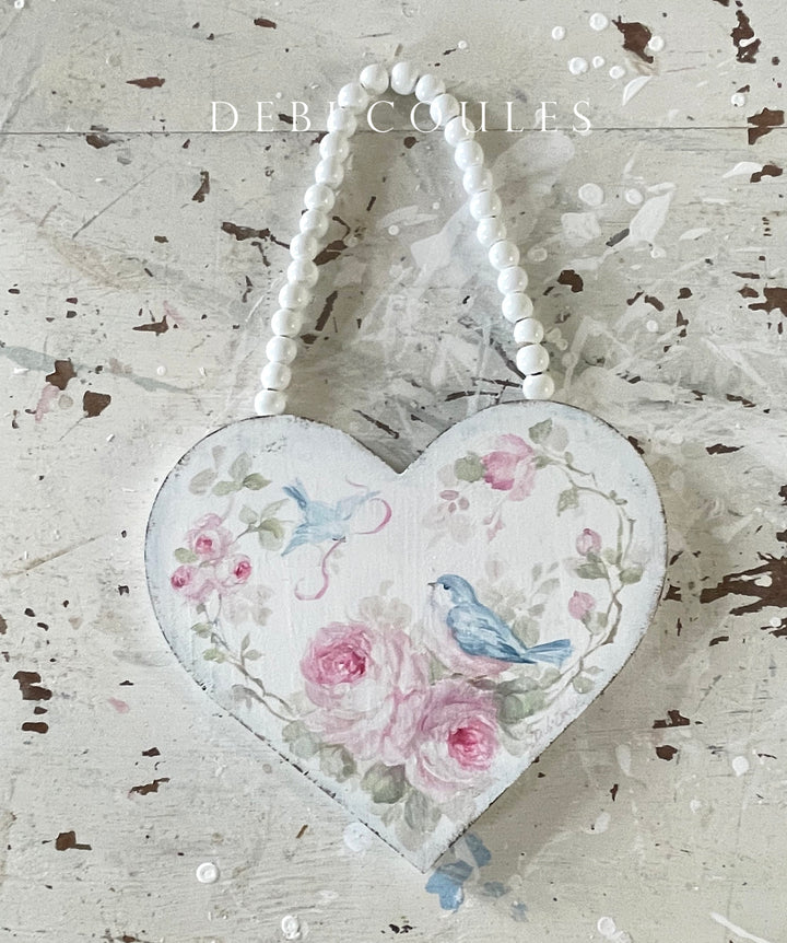 Debi Coules Hand Painted Bluebird and Roses Wooden Heart – Shabby Chic Vintage Charm