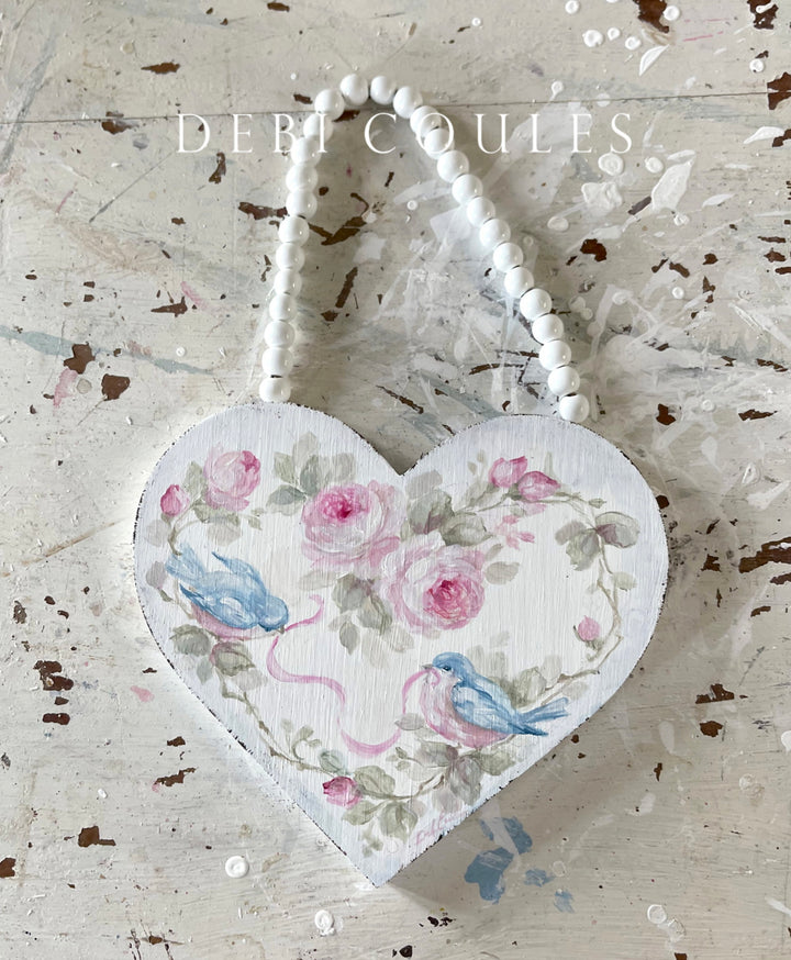 Debi Coules Hand Painted Bluebirds with Roses and Ribbon Wooden Heart – Shabby Chic Collectible