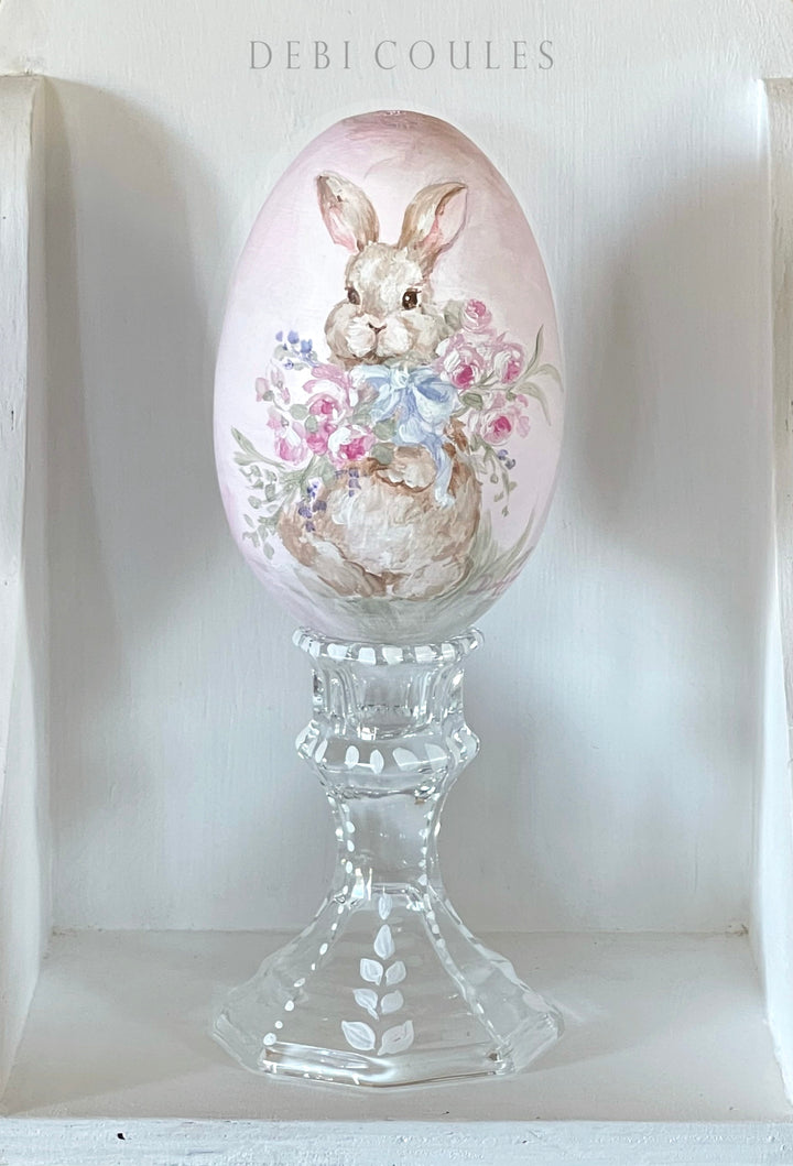 Debi Coules Hand-Painted Pink Easter Egg with Stand – Bunny Holding Pink Rose Bouquet, Shabby Chic
