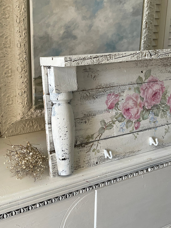 Shabby Chic Rustic Beauty Wood Hand Painted Roses Large Wall Shelf With Hooks Original By Debi Coules