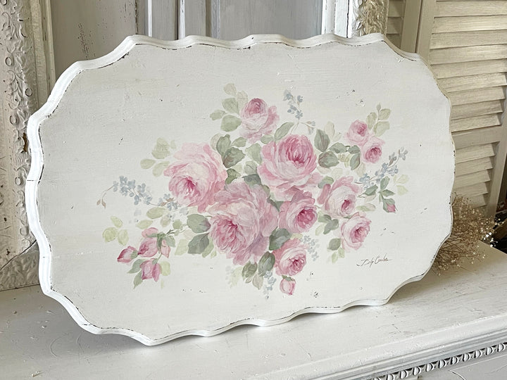 Shabby Chic Pink Roses Antique  Large Wall Plaque Wood Original by Debi Coules