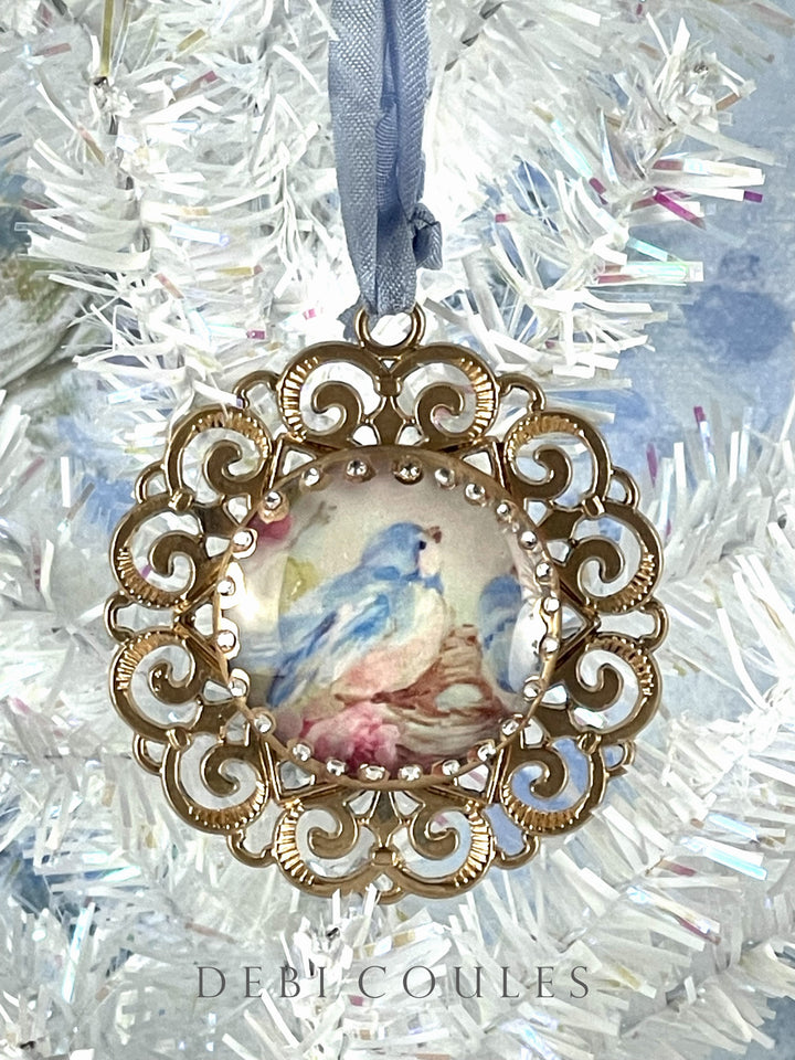 Holiday Bluebird and Nest Ornament Tree Jewelry Shabby Chic by Debi Coules