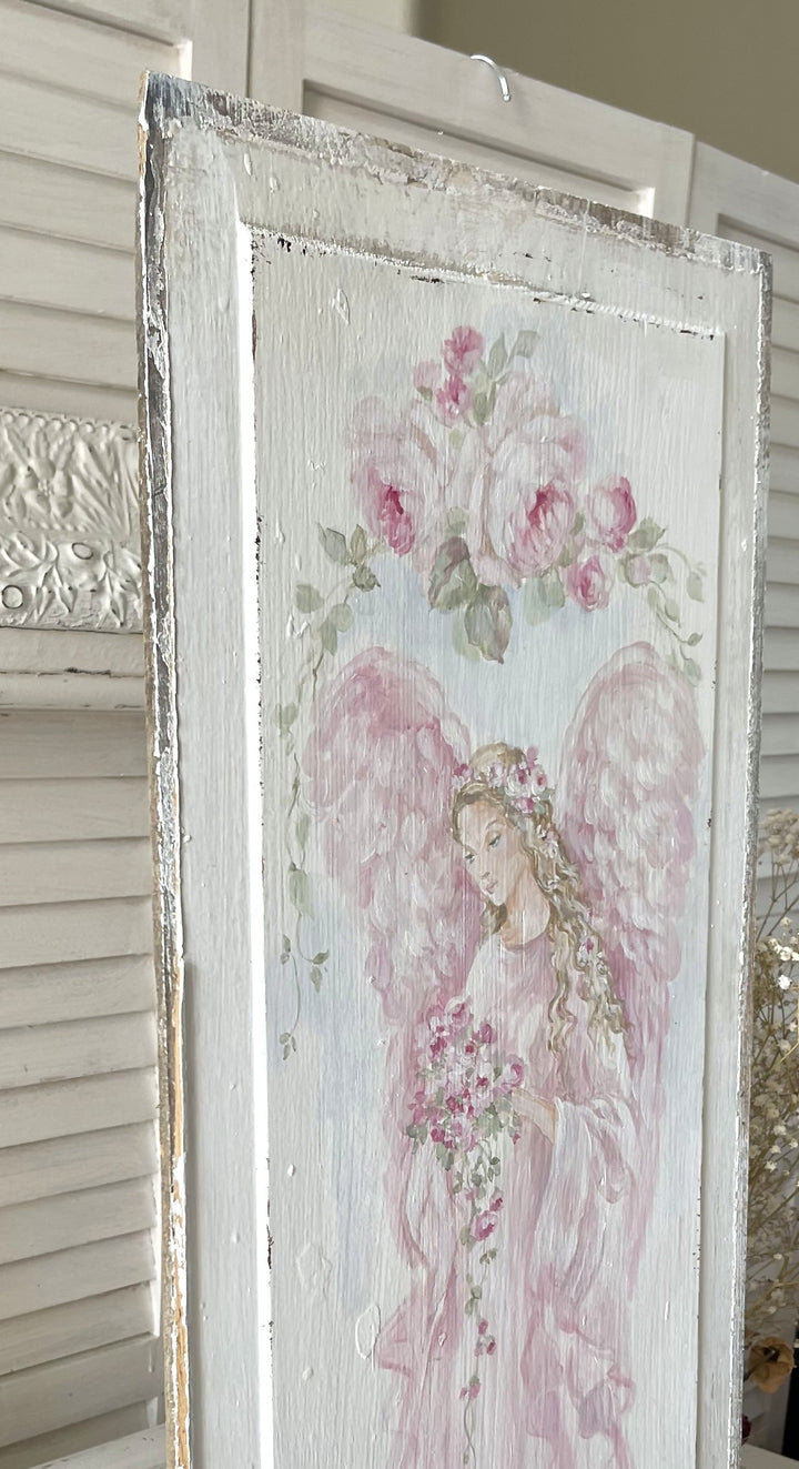 Shabby Chic Antique Large Wooden Panel Angel With Roses Hand Painted by Debi Coules