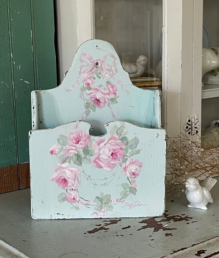 Vintage Shabby Chic Hand Painted Rose Wreath Letter Holder – Signed by Debi Coules