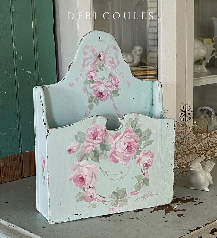 Vintage Shabby Chic Hand Painted Rose Wreath Letter Holder – Signed by Debi Coules
