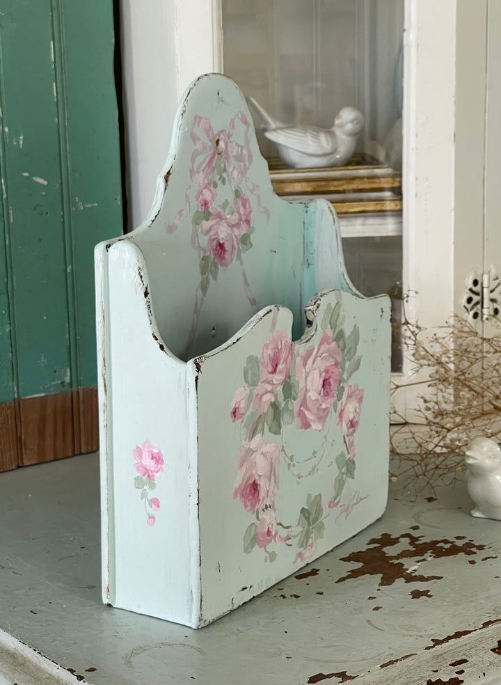 Vintage Shabby Chic Hand Painted Rose Wreath Letter Holder – Signed by Debi Coules