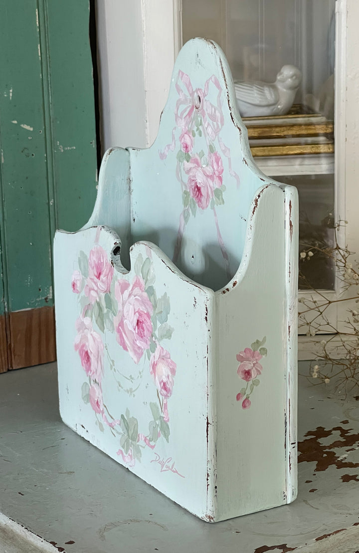 Vintage Shabby Chic Hand Painted Rose Wreath Letter Holder – Signed by Debi Coules