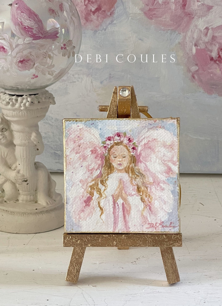 Holiday Angel With Roses Crown Painting Ornament On Easel With Swarovski Original by Debi Coules