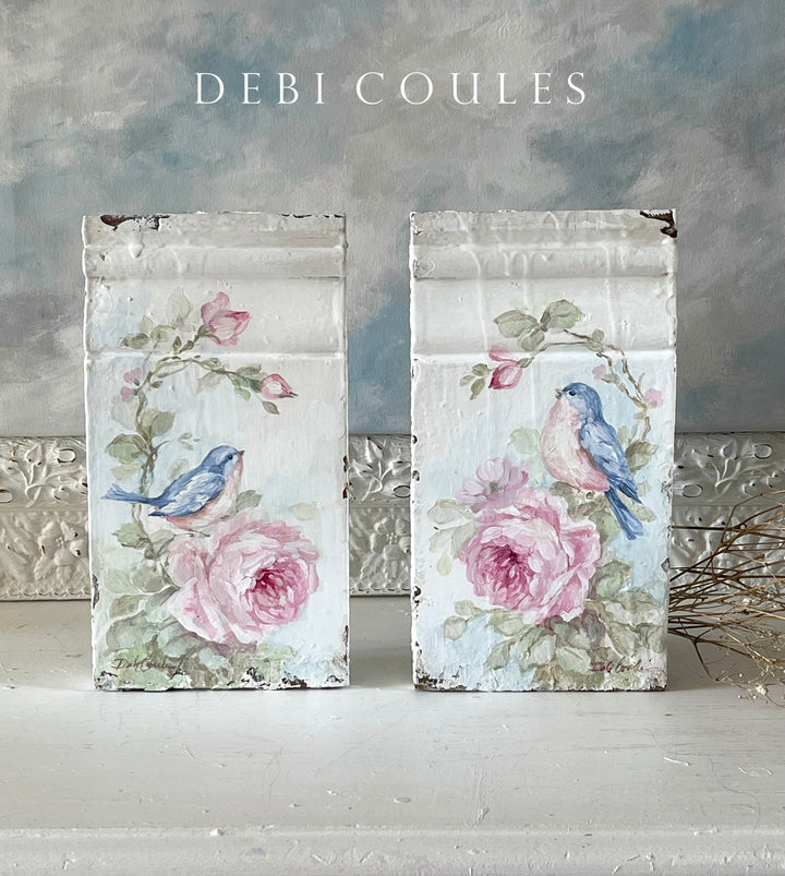 Shabby Chic Antique Bluebird and Roses Plinth Block Original by Debi Coules