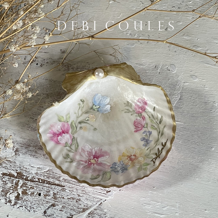 Hand Painted Wildflower Shell with Gold Accents and Pink Pearl – by Debi Coules