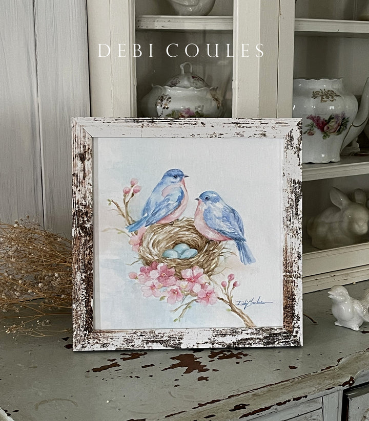 Bluebirds Nest Cherry Blossoms Original Watercolor Framed Painting by Debi Coules