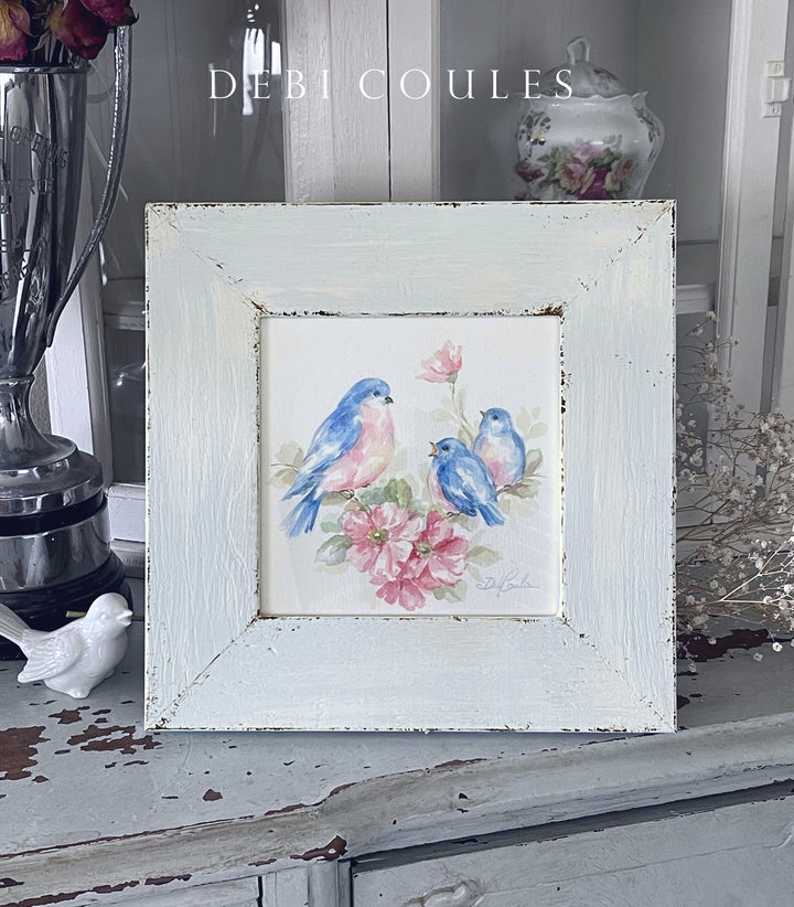 Shabby Chic Bluebird Serenade in Vintage Frame Original Watercolor Painting by Debi Coules