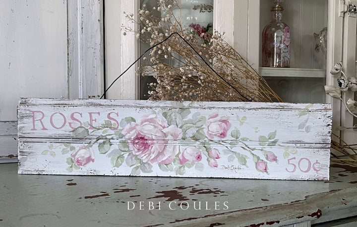 Shabby Chic Hand-Painted OOAK Vintage Wooden Sign with Pink Roses by Debi Coules