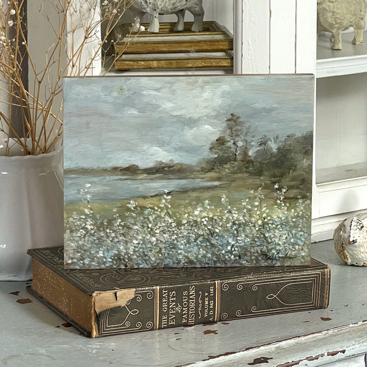 Original oil painting of quiet provincial lake surrounded by blooming flowers in the English Country