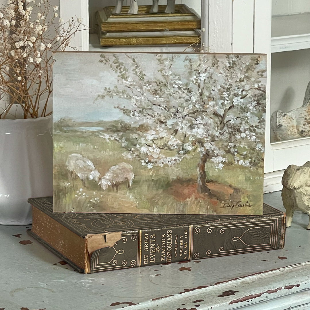 Original oil painting of sheep feeding in the pastoral beauty of the English country landscape