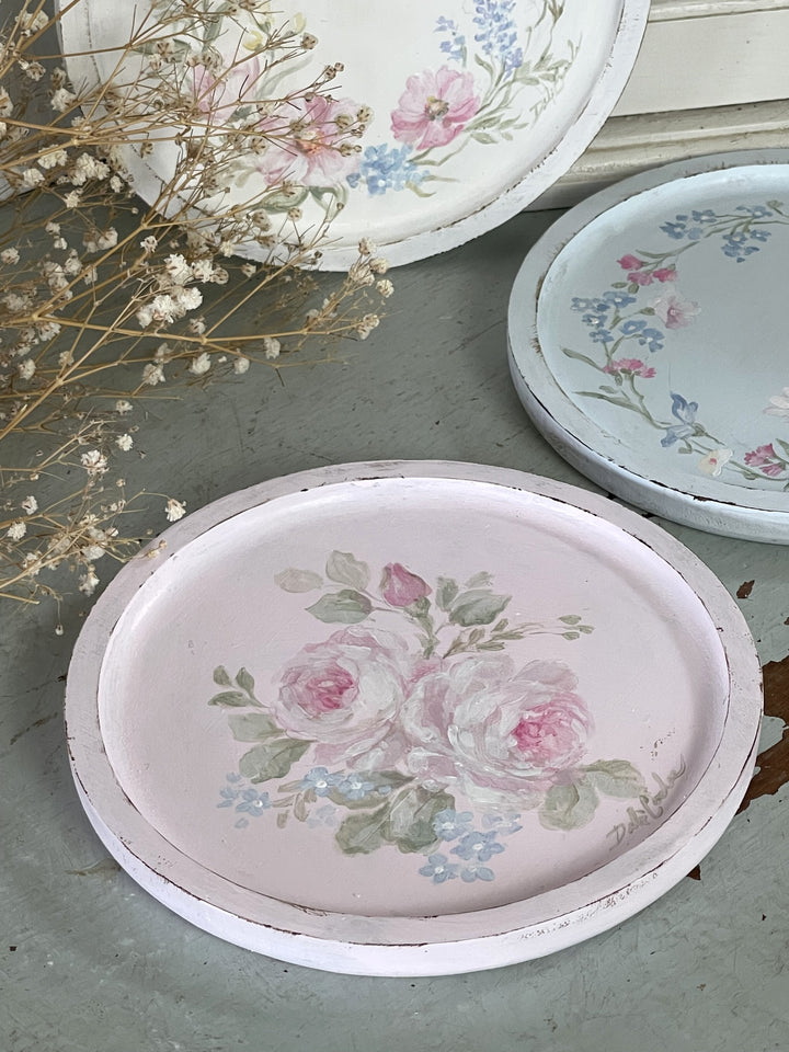 Hand-Painted Pale Pink Rose Tray by Debi Coules – Shabby Chic Keepsake Holder