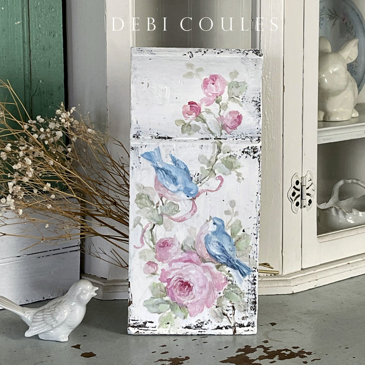 Hand Painted Shabby Chic Bluebirds and Roses on Antique Plinth Block – by Debi Coules