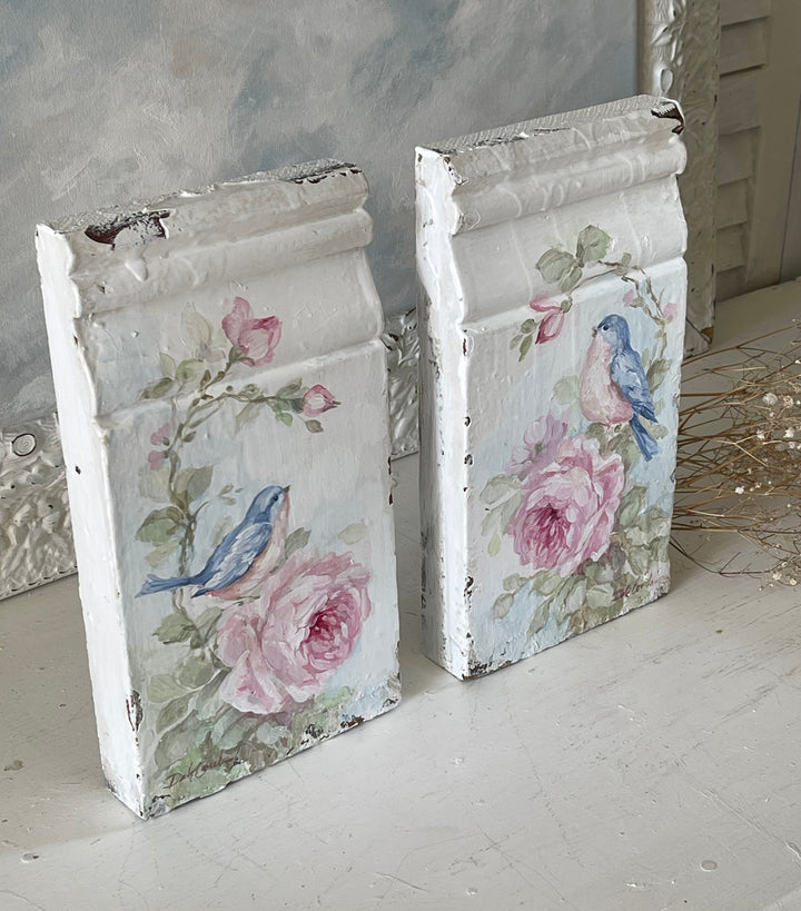 Shabby Chic Antique Bluebird and Roses Plinth Block Original by Debi Coules