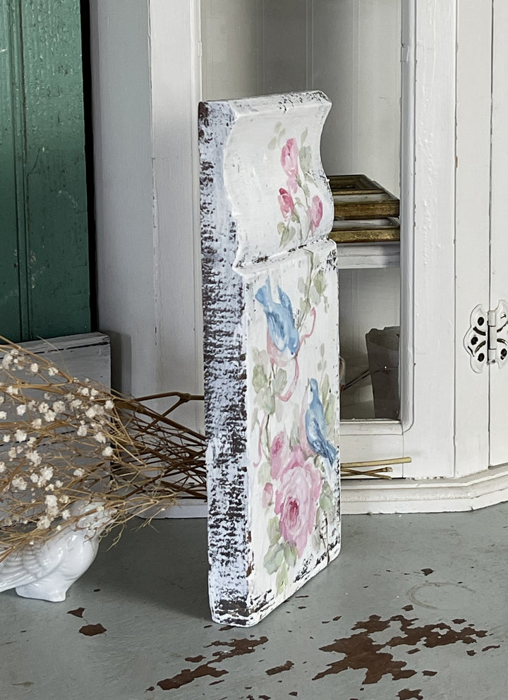 Hand Painted Shabby Chic Bluebirds and Roses on Antique Plinth Block – by Debi Coules