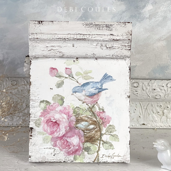 Antique Plinth Block with Hand-Painted Bluebird, Roses and Nest – Shabby Chic by Debi Coules
