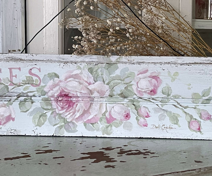 Shabby Chic Hand-Painted OOAK Vintage Wooden Sign with Pink Roses by Debi Coules