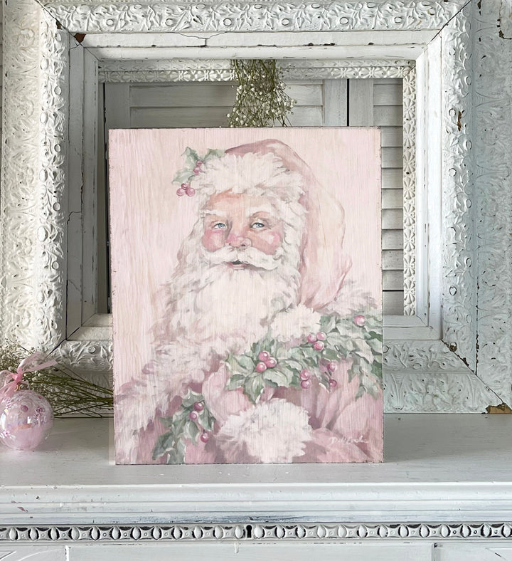 Shabby Chic Christmas Pink Santa Wood Print by Debi Coules
