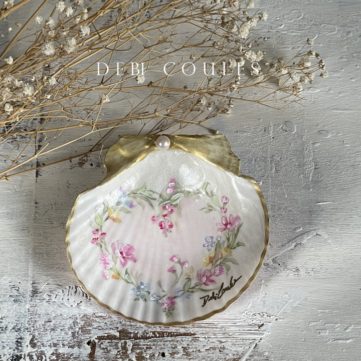 Hand-painted seashell with  heart wildflower garland by Debi Coules