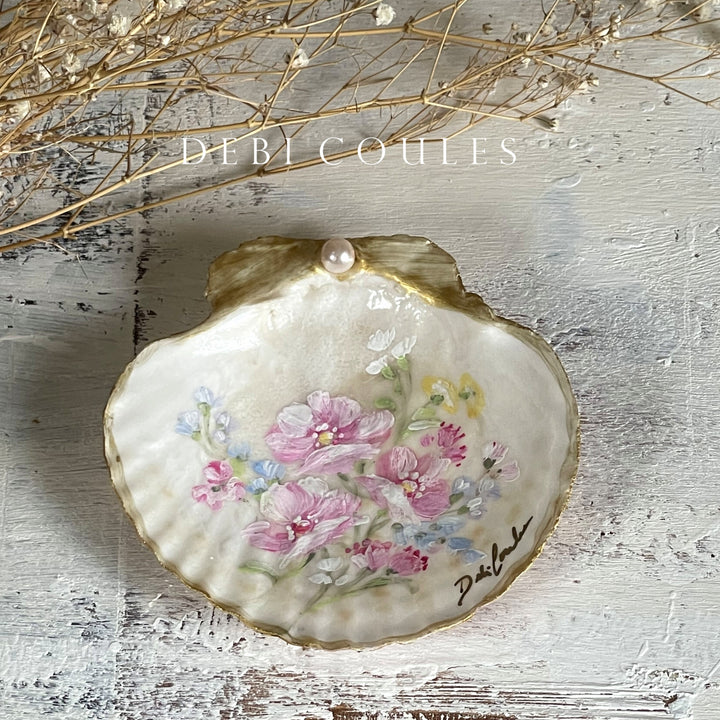 Hand-painted seashell with pink rose bouquet by Debi Coules