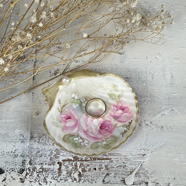 Shabby Chic Hand Painted Shell with Pink Cabbage Roses, Gold Accents and Pearl – by Debi Coules