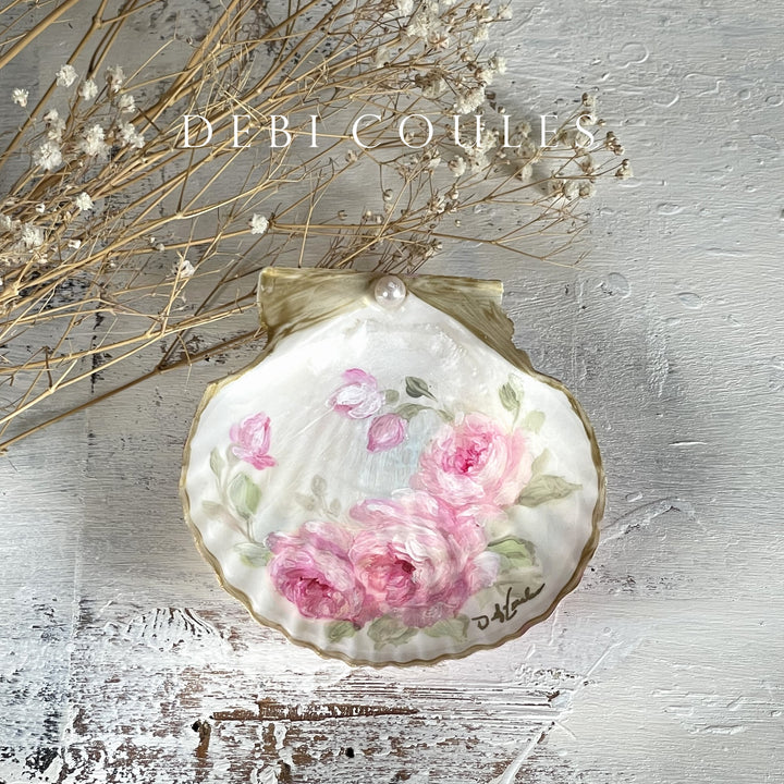 Romantic shabby chic rose seashell art collection by Debi Coules