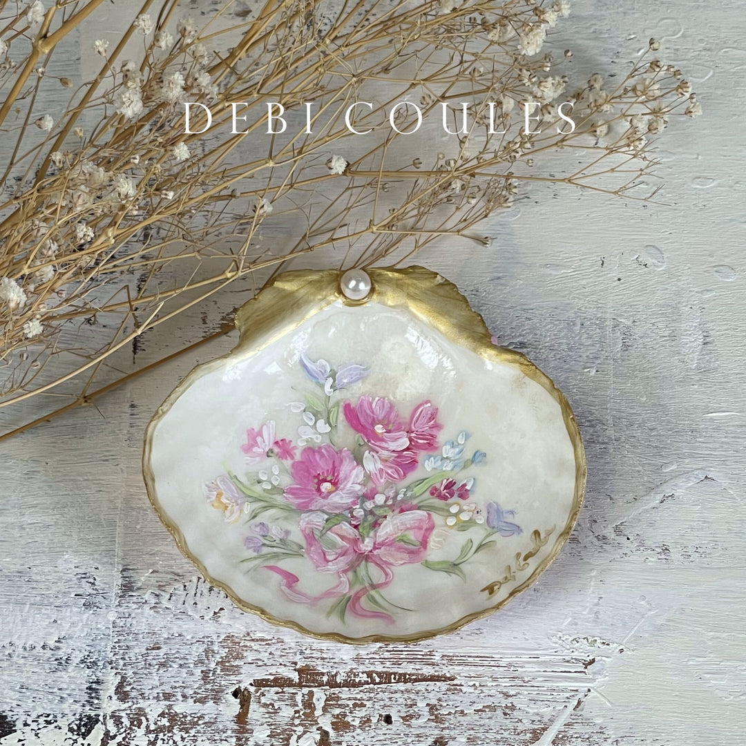 Romantic shabby chic rose seashell art collection by Debi Coules