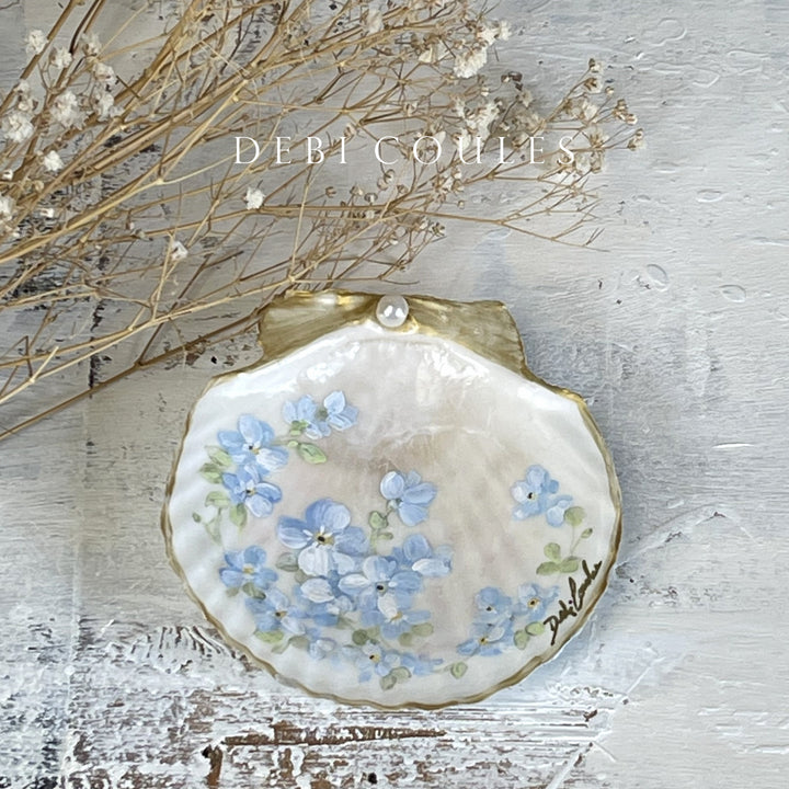 Hand-painted romantic seashell with Forget-Me-Nots by Debi Coules