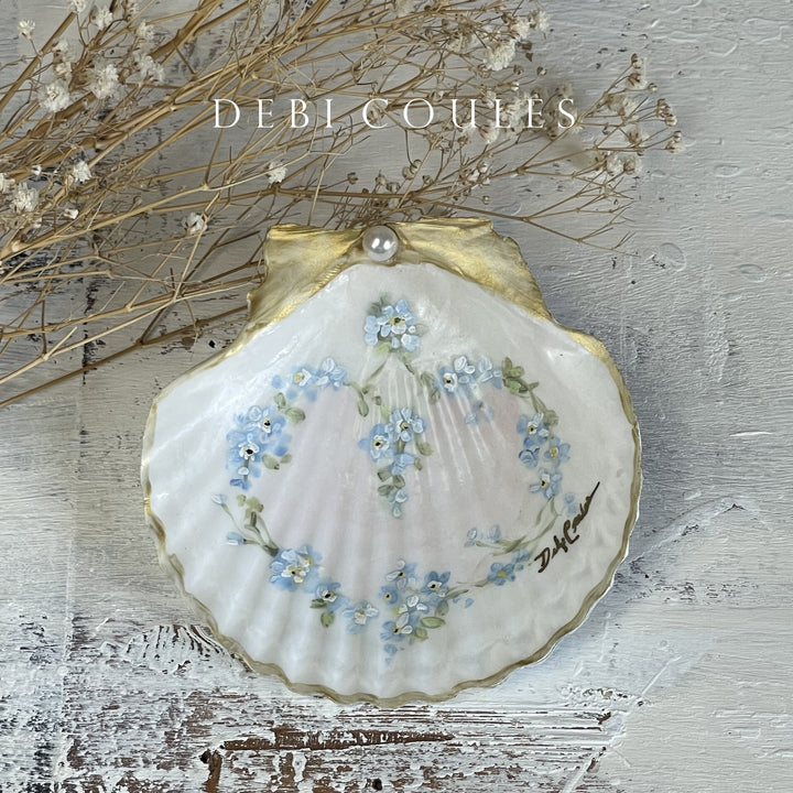 Shabby chic hand- painted heart seashell keepsake  with soft pastel for-get-me-nots