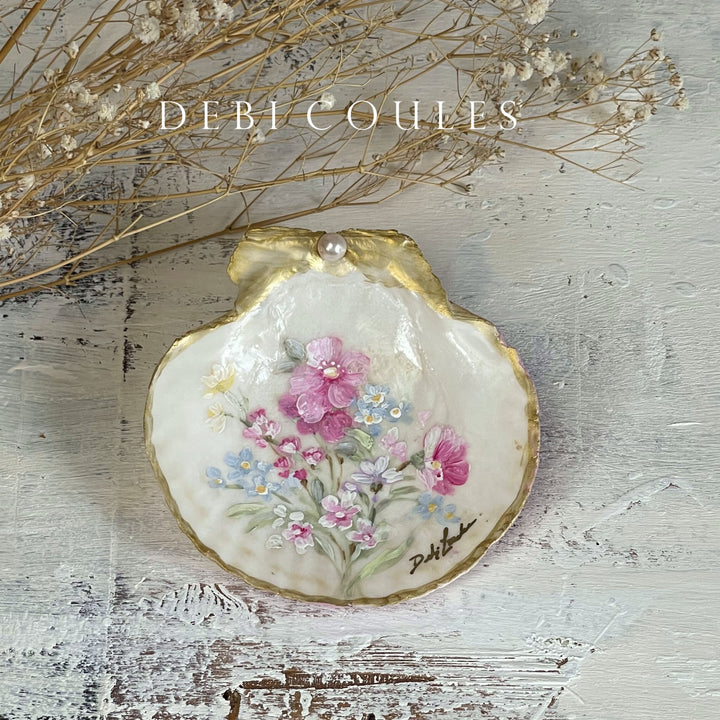Shabby Chic Hand Painted Shell with Pink Wild Roses and Wildflowers – by Debi Coules