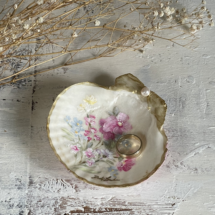 Shabby Chic Hand Painted Shell with Pink Wild Roses and Wildflowers – by Debi Coules