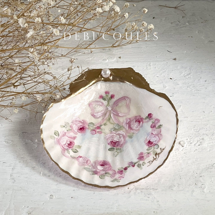 "Heart of Roses" Hand-Painted Seashell Trinket Dish Shabby Chic  by Debi Coules
