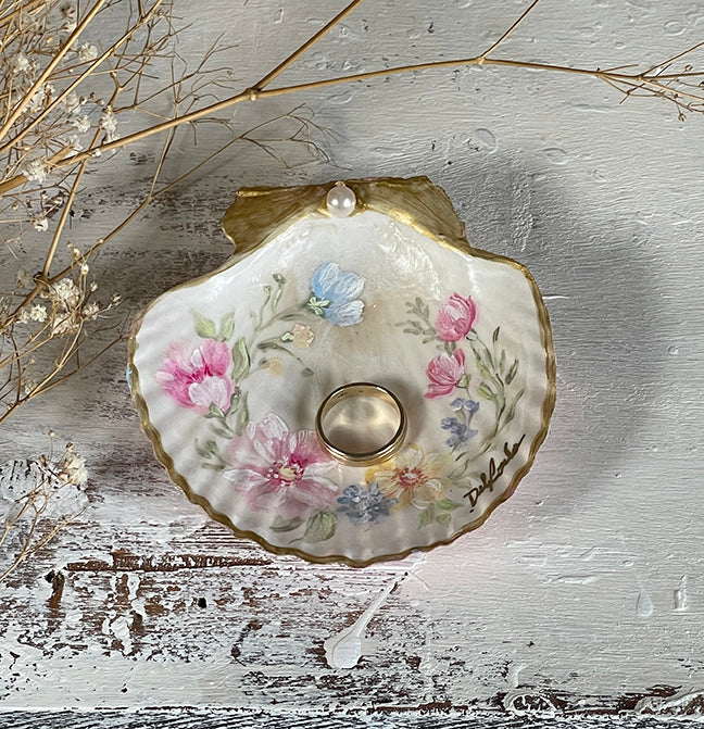 Hand Painted Wildflower Shell with Gold Accents and Pink Pearl – by Debi Coules