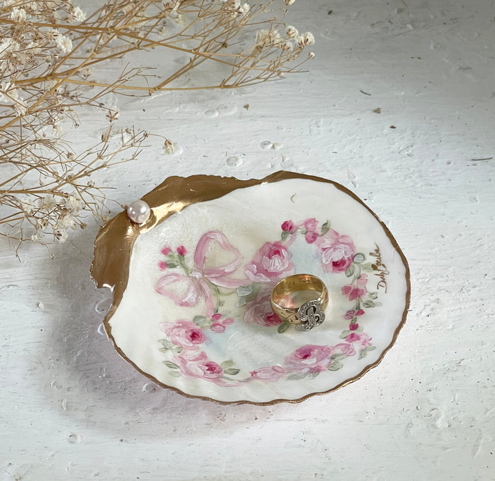 "Heart of Roses" Hand-Painted Seashell Trinket Dish Shabby Chic  by Debi Coules