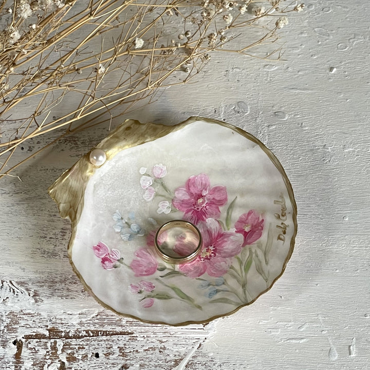 Shabby Chic Hand Painted Shell with Pink Wild Roses, Gold Accents and Pearl – by Debi Coules